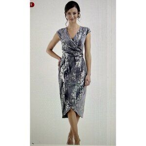 JS Collections June Sequin Velvet Faux Wrap Cocktail Dress in Gray/Silver Sz 16